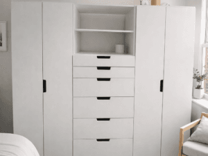 White wardrobe and drawer storage system with open shelving and modern cut-out handles by Funky Bunk Beds.