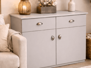 Light grey Harbour storage cabinet with two drawers and double cupboard doors, contemporary living room storage unit made from durable 18mm HDF, available in bespoke colours and finishes.