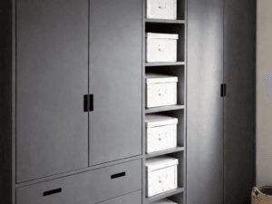 Grey wardrobe and shelving storage suite with drawers and open shelving, modern bedroom storage furniture made from durable 18mm HDF, available in bespoke sizes and a wide range of colours and finishes from Funky Bunk Beds.