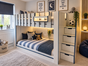 double on the bottom bed and double on the top with storage