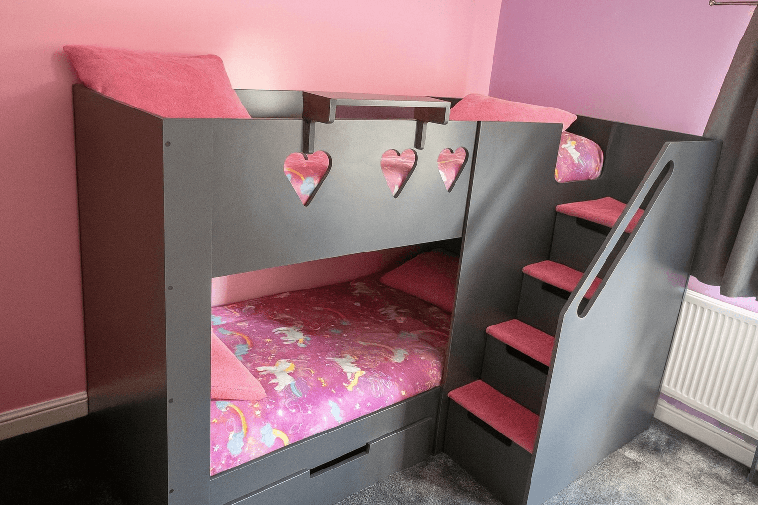 bunk bed with drawers and stairs on the front in dark grey