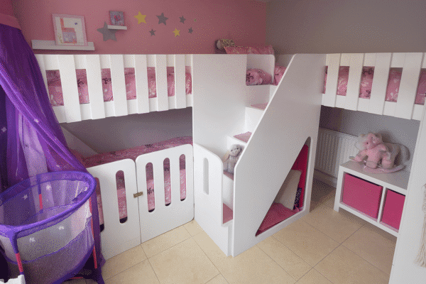 Funky Bunk Beds Corner Quad Sleeper – front-stair design perfect for shared or family bedrooms