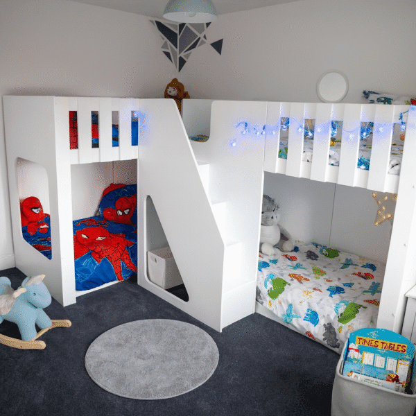 Space-saving Corner Quad Sleeper with stairs on front – 4 single beds in stylish kids bunk design