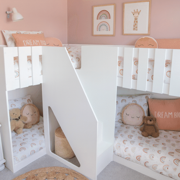 Funky Bunk Beds Corner Quad Sleeper with front stairs – space saving 4 person bunk bed for kids bedroom