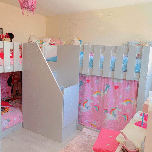 Modern corner quad bunk bed with front staircase – Funky Bunk Beds UK custom children’s furniture