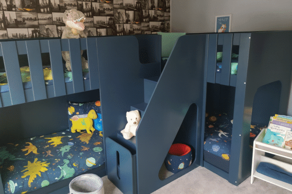 Corner Quad Sleeper bunk bed with staircase on front – handmade Funky Bunk Beds design for shared bedrooms