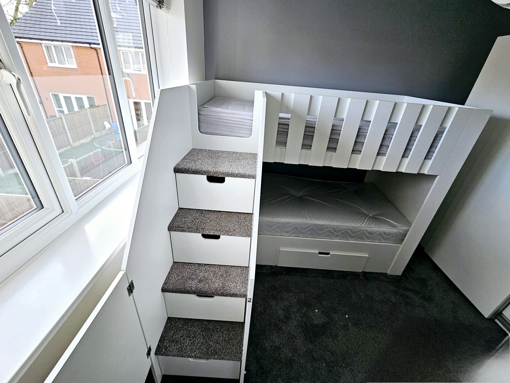 Bunk Bed with stairs on the front, stair gate and storage