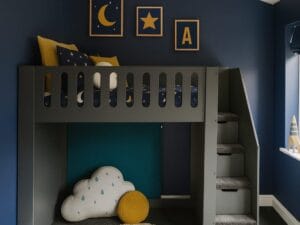 High sleeper with stairs and drawers in dark grey
