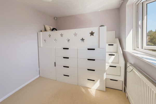 Funky High Sleeper with 1 cupboard and 8 drawers under the bed and drawers in the stairs
