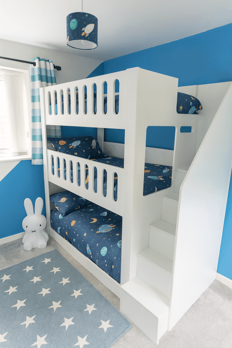Funky Bunk BEDS triple tier bunk. 3 single beds stacked on top of each other with stairs