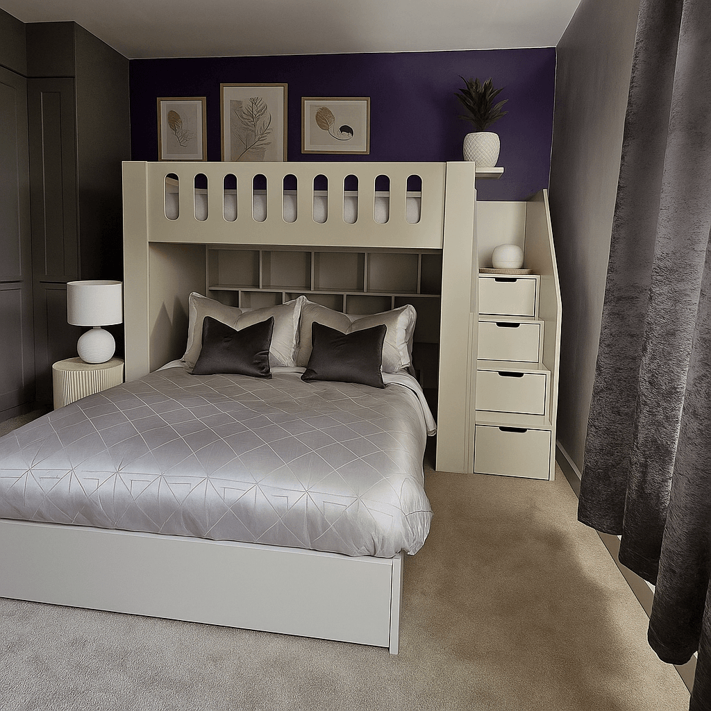 Bunk Bed with double on bottom and sinlge on top, storage in the stairs and shelving included.