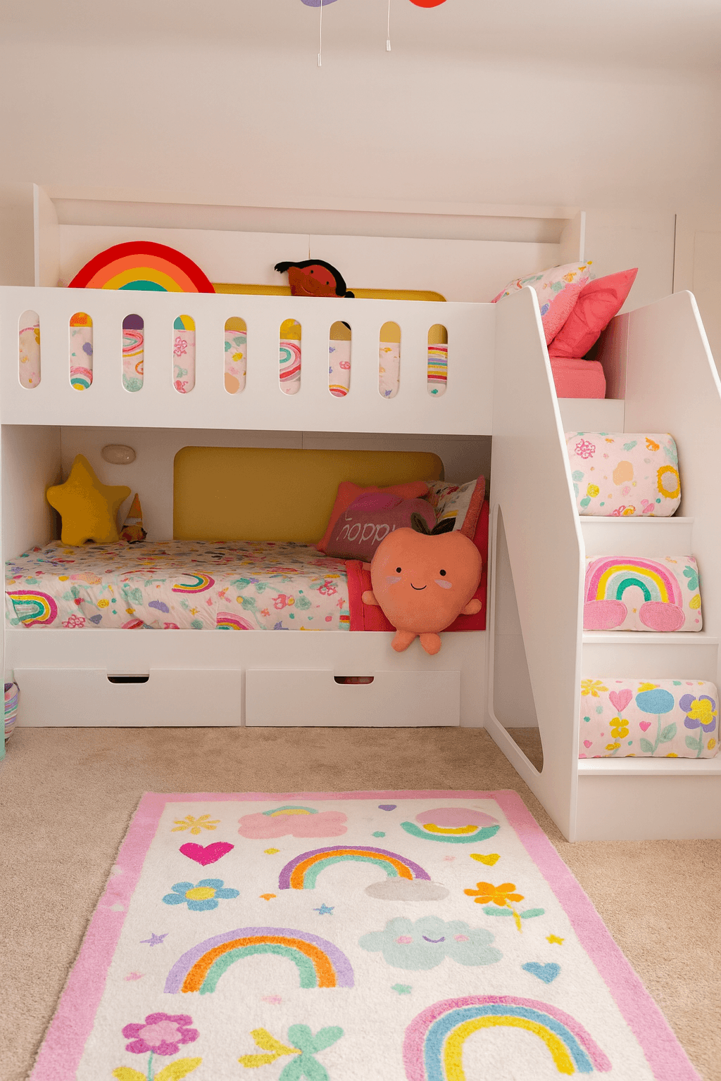 Bespoke kids bunk bed with stair case and drawers. girly bedding