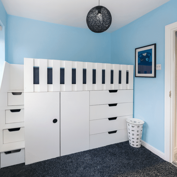 Storage High Sleeper bed with 4 drawers and 2 door cupboard and drawers in the staurs.