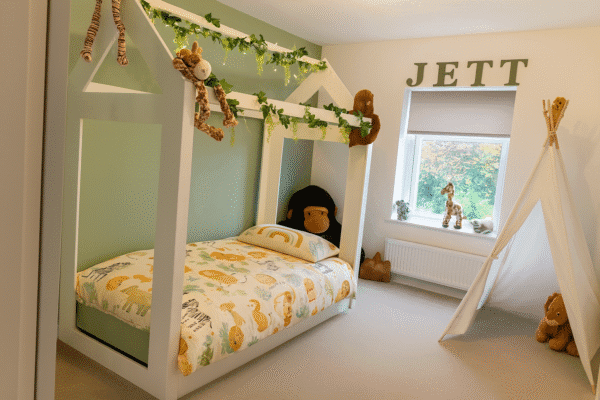 House Frame bed in jungle themed bedroom.
