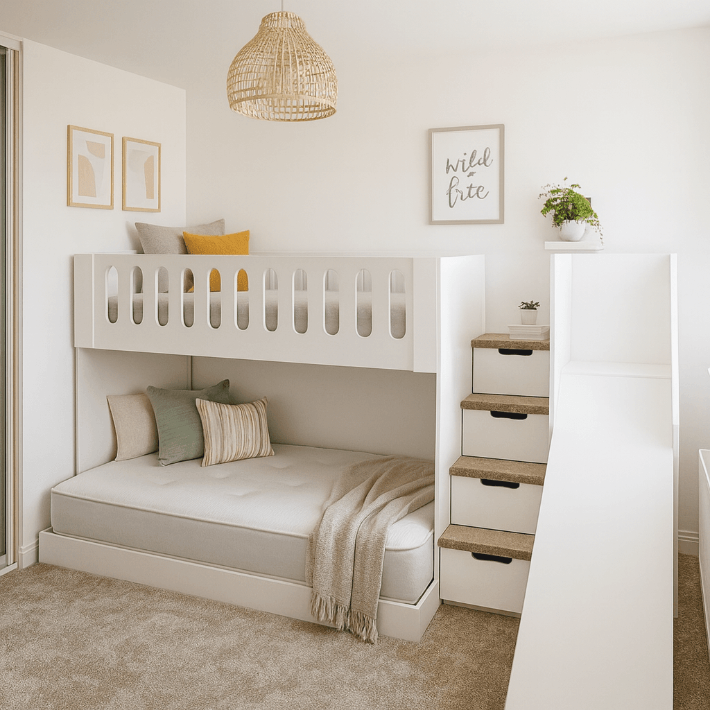 standard triple sleeper with double on bottom, drawers in the stairs, slide.