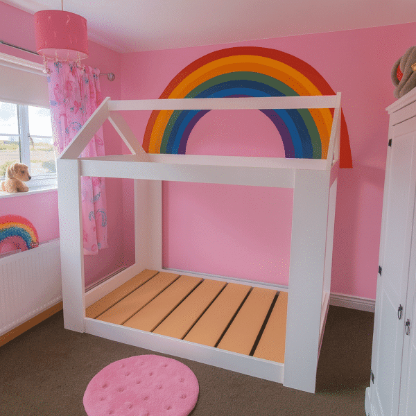 House frame bed in pink rainbow themed bedroom