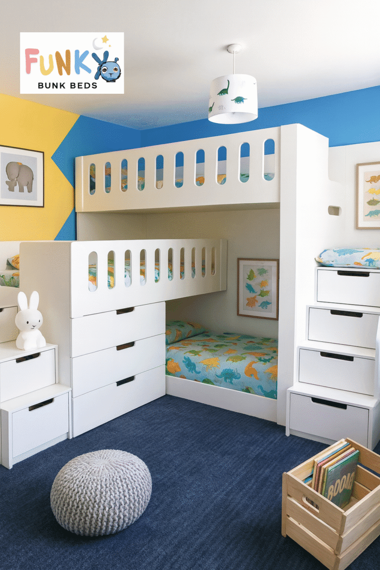 Jenga Triple bunk bed - Funky Bunk Beds. Sleeping three children, with drawers under middle bunk and drawers in the stairs to both beds.