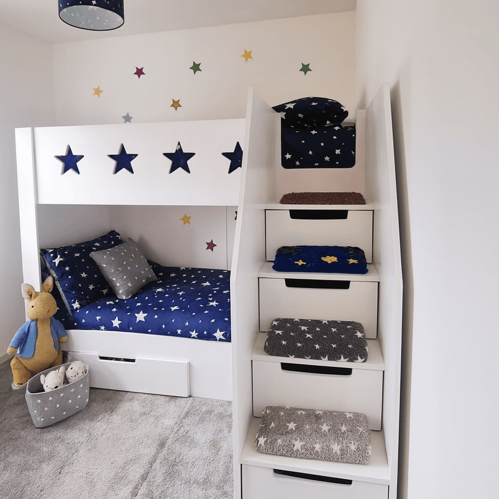 Neutural bedding featuring bunk bed with stairs on the front of the bed