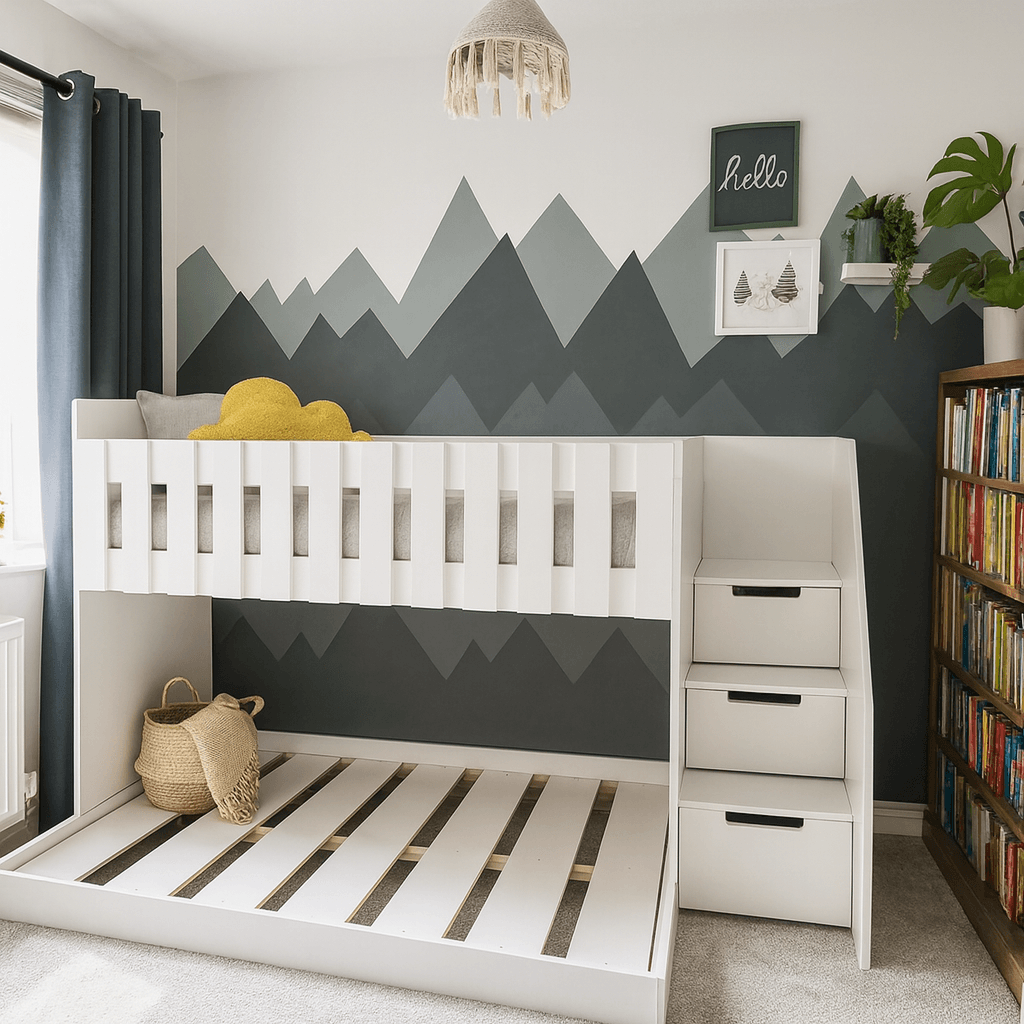 Stand Bunk bed with double on bottom and drawers in the stairs.