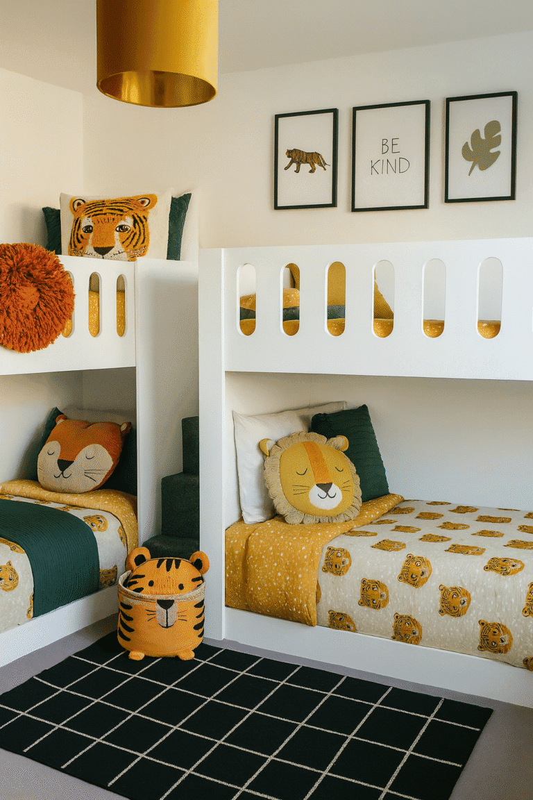 Funky L-shaped quad bunk bed styled in a modern kids’ room with colorful bedding, wall art, and cozy lighting.