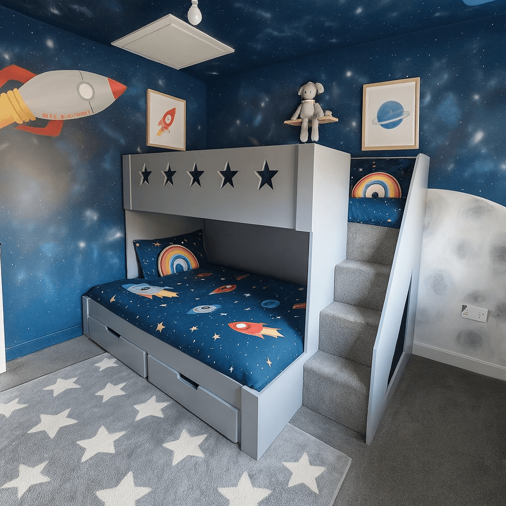 Storage standard triple bunk bed with double on bottom and drawers under bottom bunk in space theme bedroom with stars on top rail