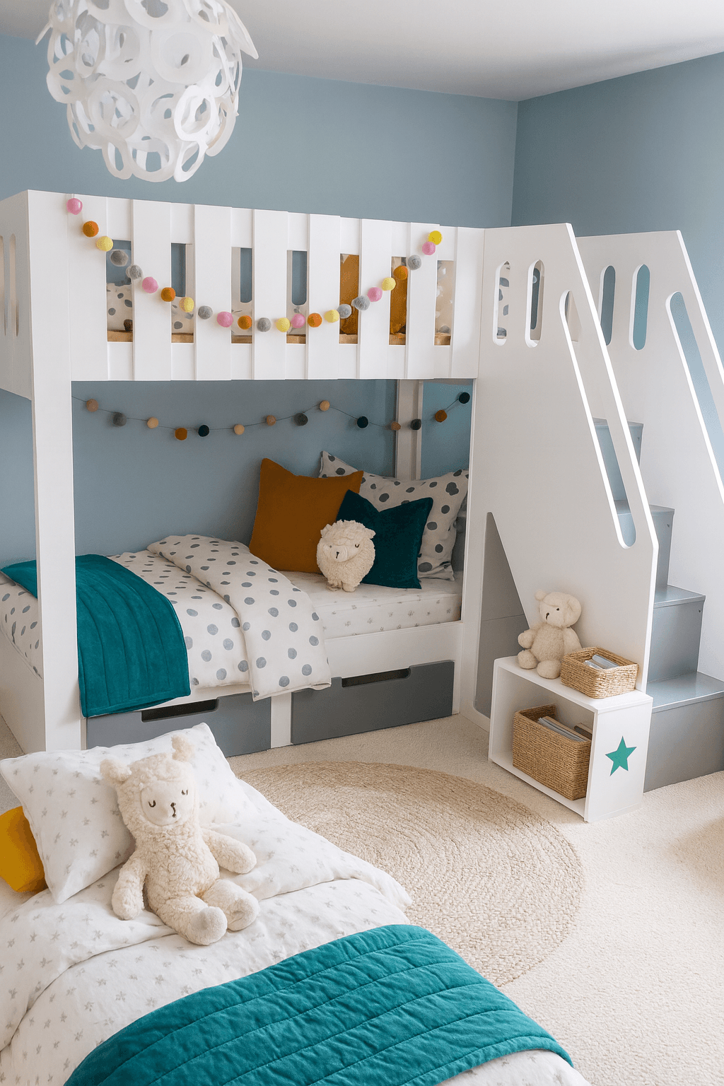 Neutural bedding featuring bunk bed with stairs on the front of the bed
