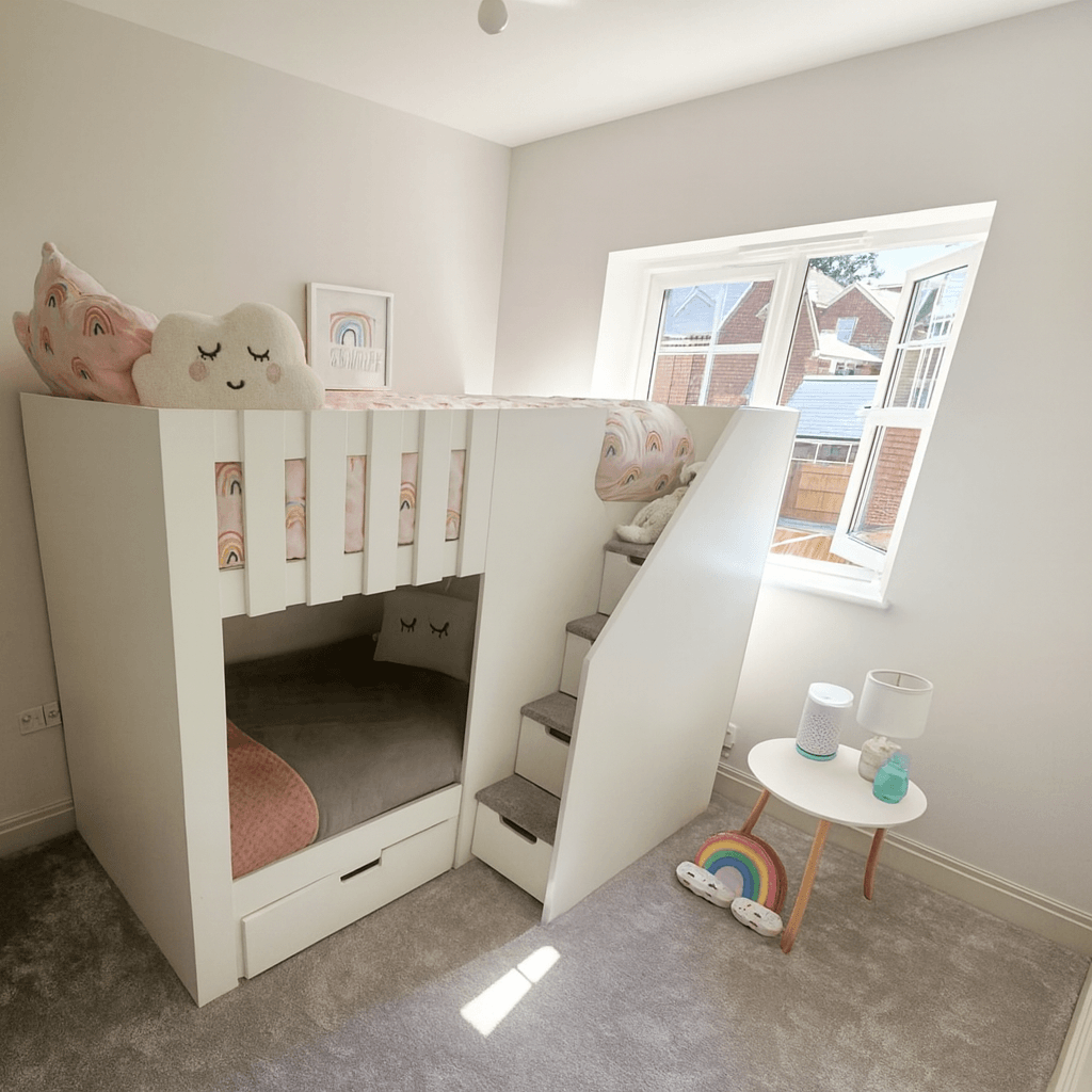Neutural bedding featuring bunk bed with stairs on the front of the bed