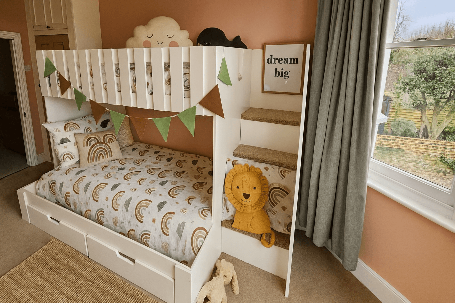 modern bunk bed with stairs, double on bottom and single on top. storage included