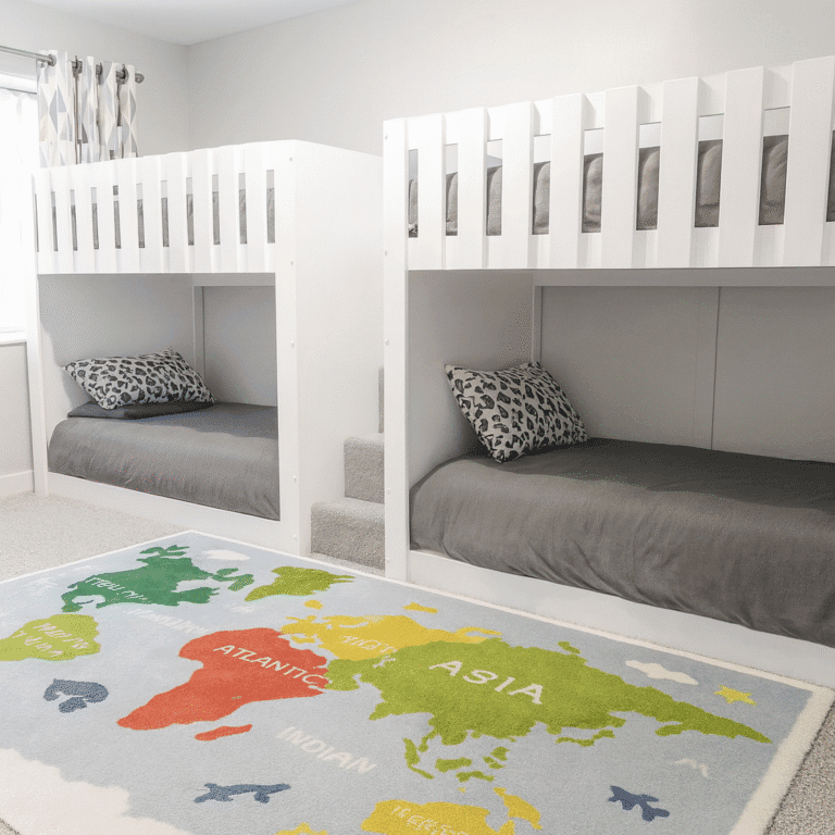 Straight Quad Sleeper. sleeping 4 children in one bedroom with stairs drawers and carpet in colour white. Funky Bunk Beds