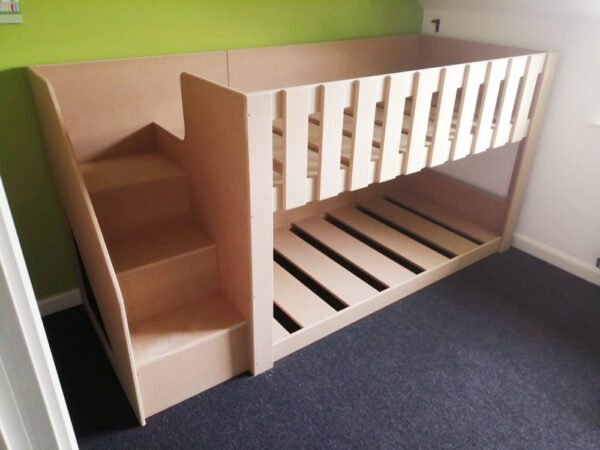 4ft high unpainted bunk bed with stair case. latts on top rail