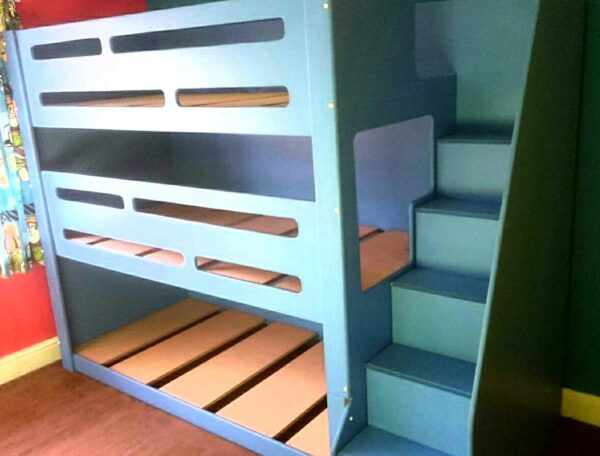 triple tier bunk. space saving. bunk bed. sleep 3. in blue. stair case.