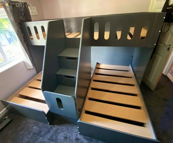 M Shape triple bunk. single mattress size. drawers in the stairs. stair case. gate on the stairs. funky bunk beds