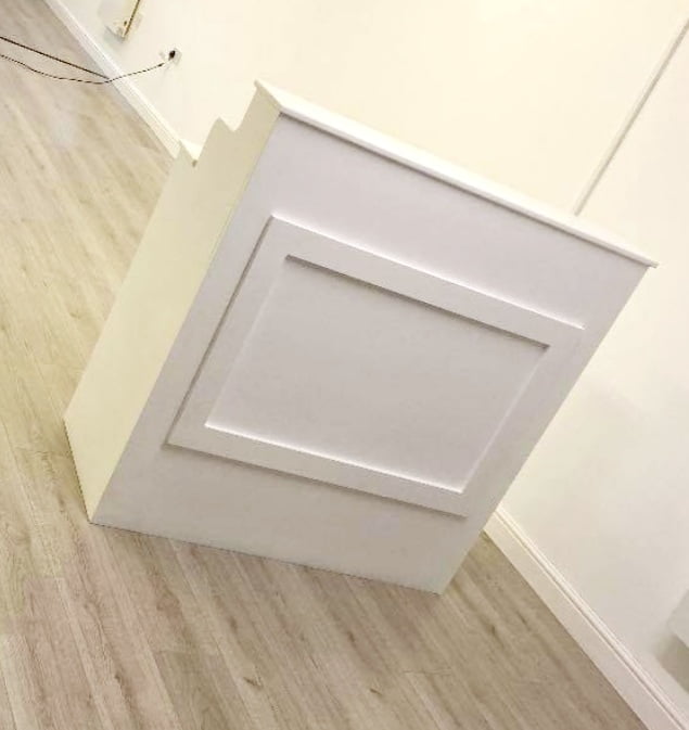Trade Salon Reception Desk. Storage pigeon holes. quality.
