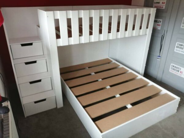 double deluxe bed. drawers in the stairs. single and double bunk bed. L Shape. in white