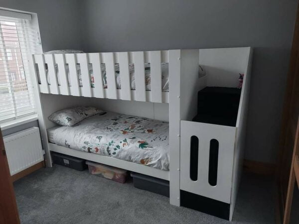 bespoke bunk bed with stair case. in white. 5ft high. carpet on the stairs. gate on the stairs. storage