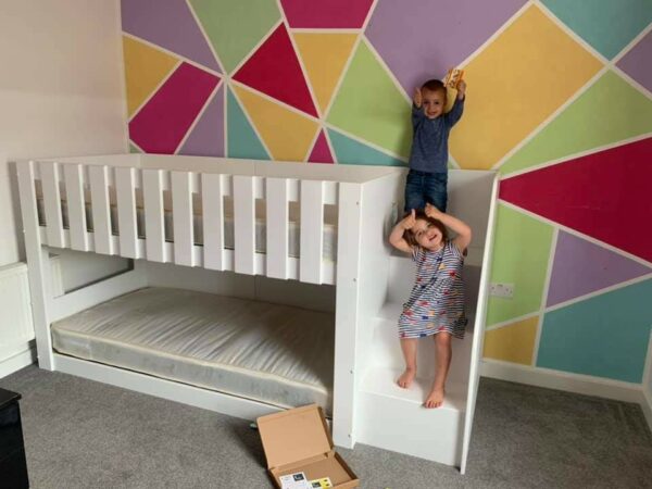 bespoke bunk bed with stair case. in white. 4ft high. funky bunk beds. fbb