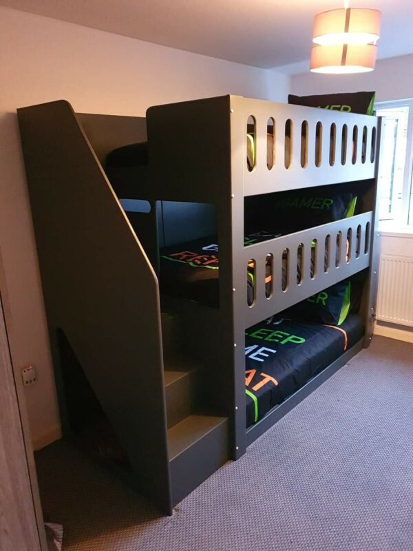 home. triple tier bunk in dark grey. bunk bed. drawers in the stairs. funky bunk beds. bunk bed with stairs