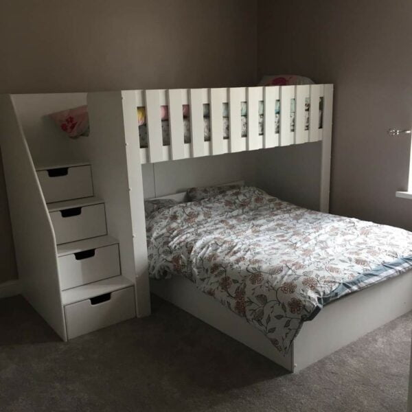 double deluxe. bunk bed with stairs. double bed. single bed. in white.