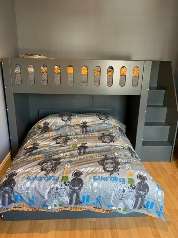 double deluxe. bunk bed with stairs. L shape triple bunk bed. stair case. in dark grey