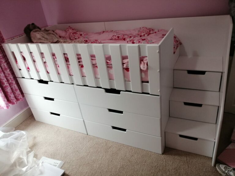 Storage Mid High Sleeper with drawers. Drawers in the stairs bed. In white with stairs
