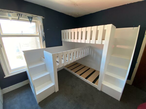 jenga triple bunk in white with stair case. sleeps 3