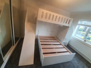 double deluxe. bunk bed with stairs. double bed. single bed. in white. triple sleeper. bunk bed with slide