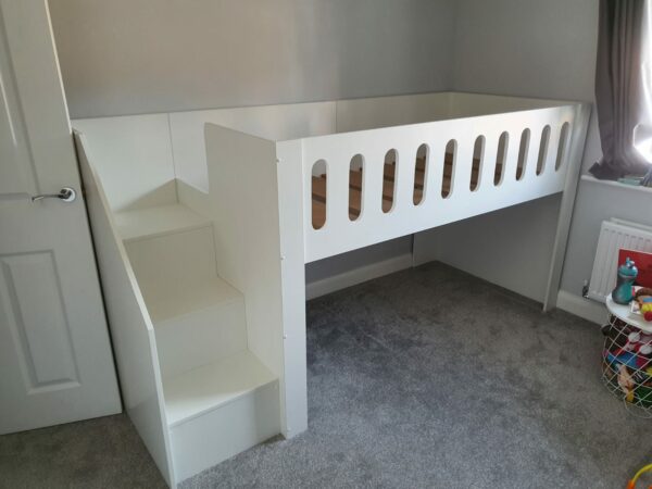 High Mid Sleeper. Storage Drawers Stairs To Bed. Cut Out Top Rail, In white