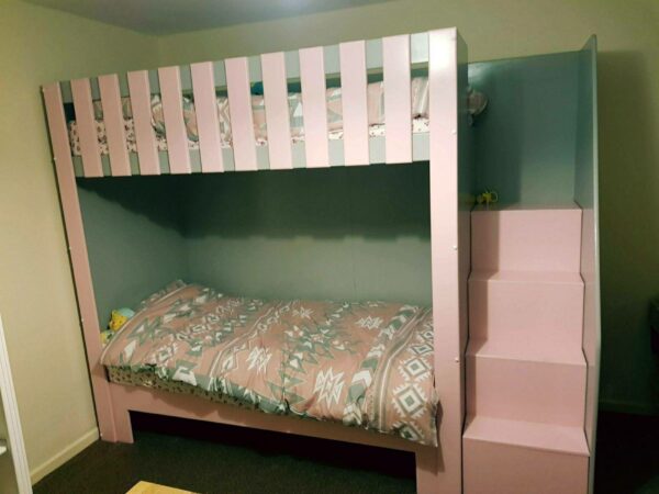 6ft high standard bunk bed with stairs. funky bunk beds. pink and grey. latts