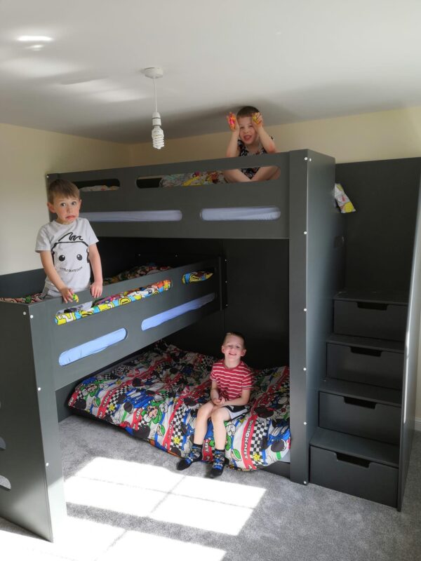 jenga triple bunk. sleep 3. drawers in the stairs. stair case.