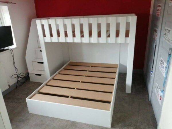 double deluxe. bunk bed with stairs. double bed. single bed. in white. triple sleeper