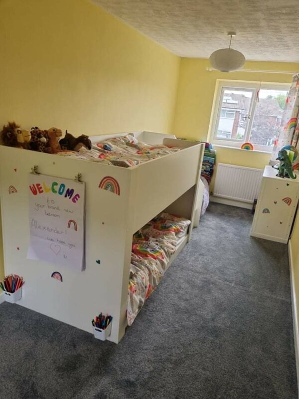 4ft high standard bunk bed with stair case. modern beds. funky bunk beds. carpet on the stairs. solid top rail.