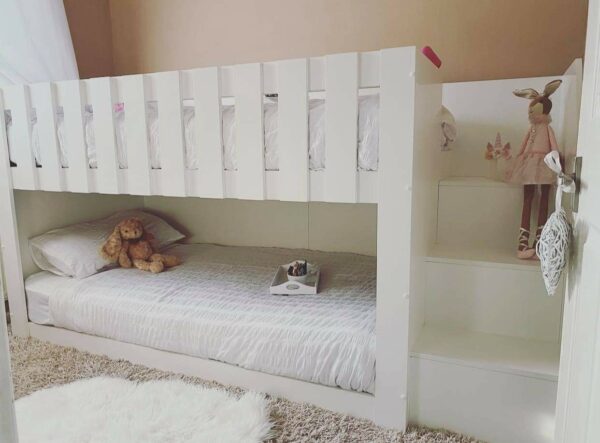 4ft high white bunk bed with stairs. latts on top safety rail