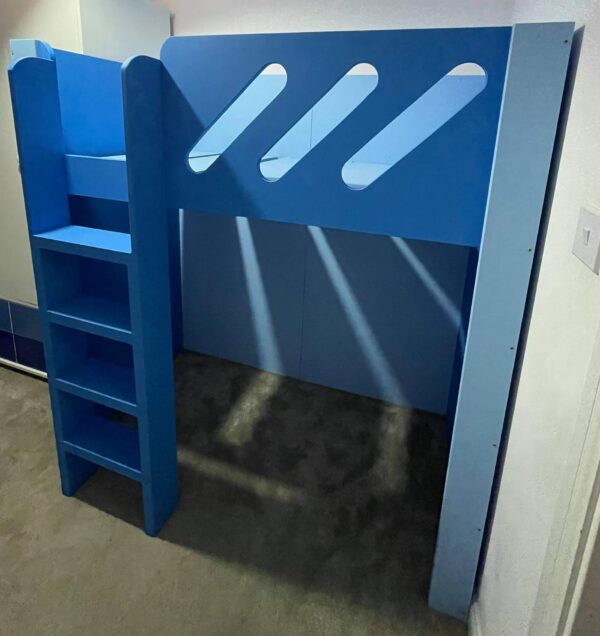 High Sleeper With Ladder. Cabin BED. Childrens Bedroom. Space Saving. In Blue. Chunky Ladder.