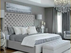 Unique Fabric Bed Frame Light Grey Plsh Fabric, High Head board, buttoms. Single, double, kingsize, superking.